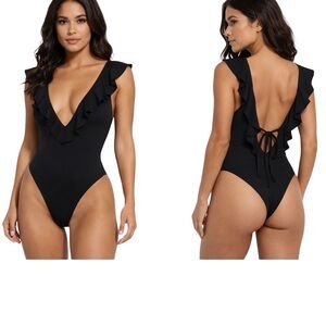 Women’s Ribbed Black Deep V Cut Ruffle Open Back One Piece Swimsuit Size Medium